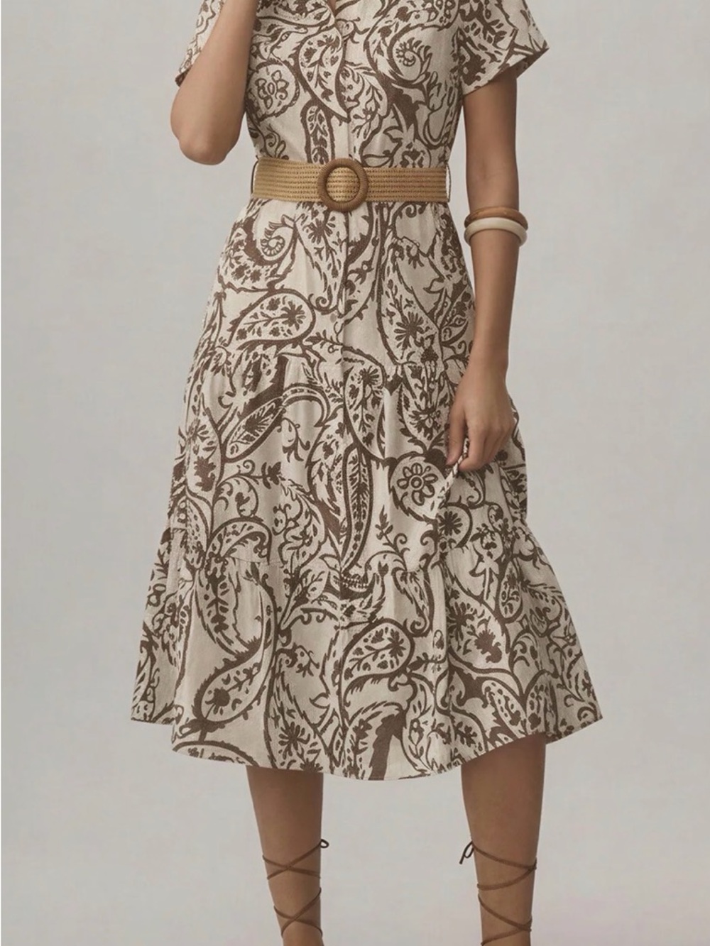 Short Sleeve Cotton Poplin Foliage Print Shirt A-Line Midi Dress